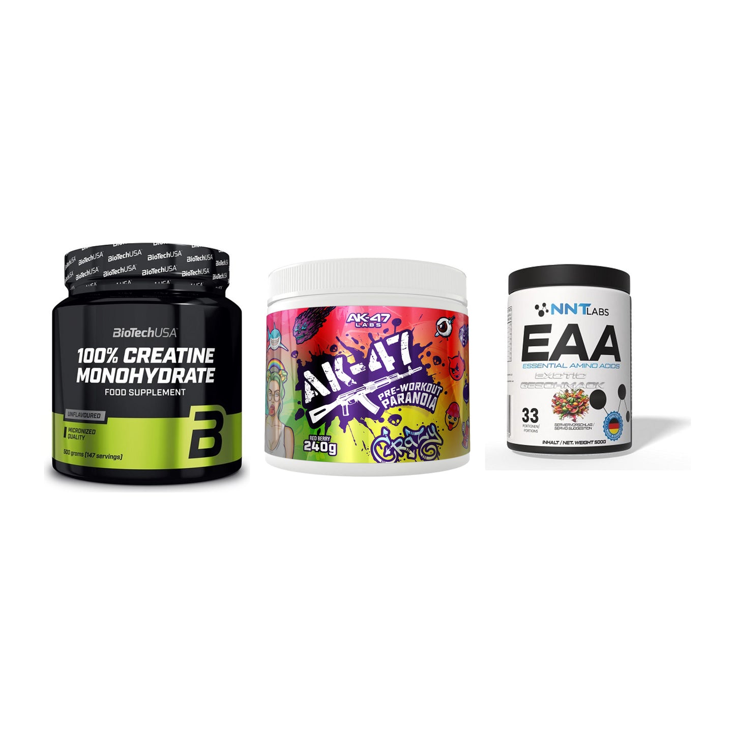 Kraft-Stack: BioTech Creatine + AK47 Labs + NNT EAA – alle enthaltenen Artikel