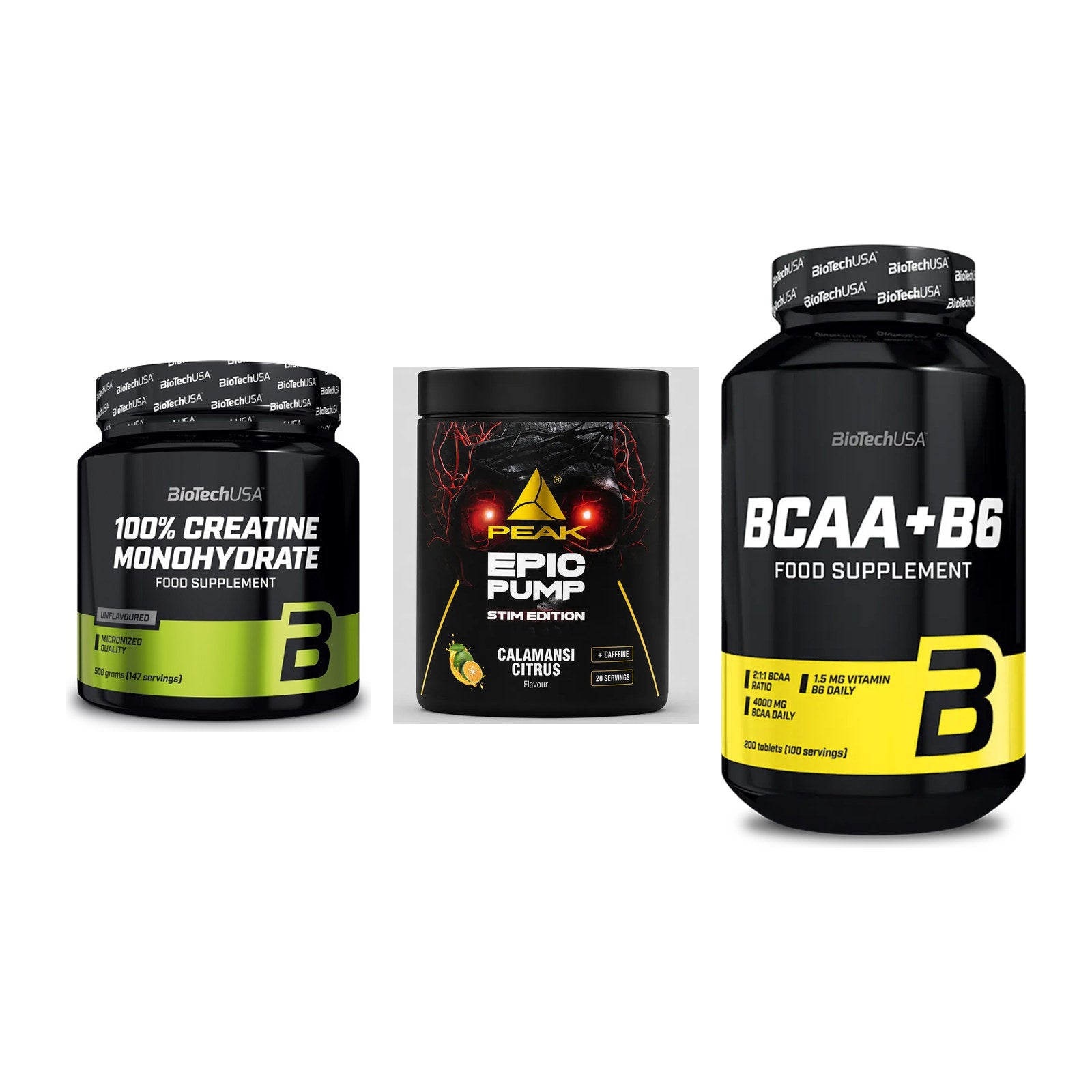 Kraft-Stack: BioTech Creatine + Peak Epic Pump + BioTech BCAA+B6 – alle enthaltenen Artikel