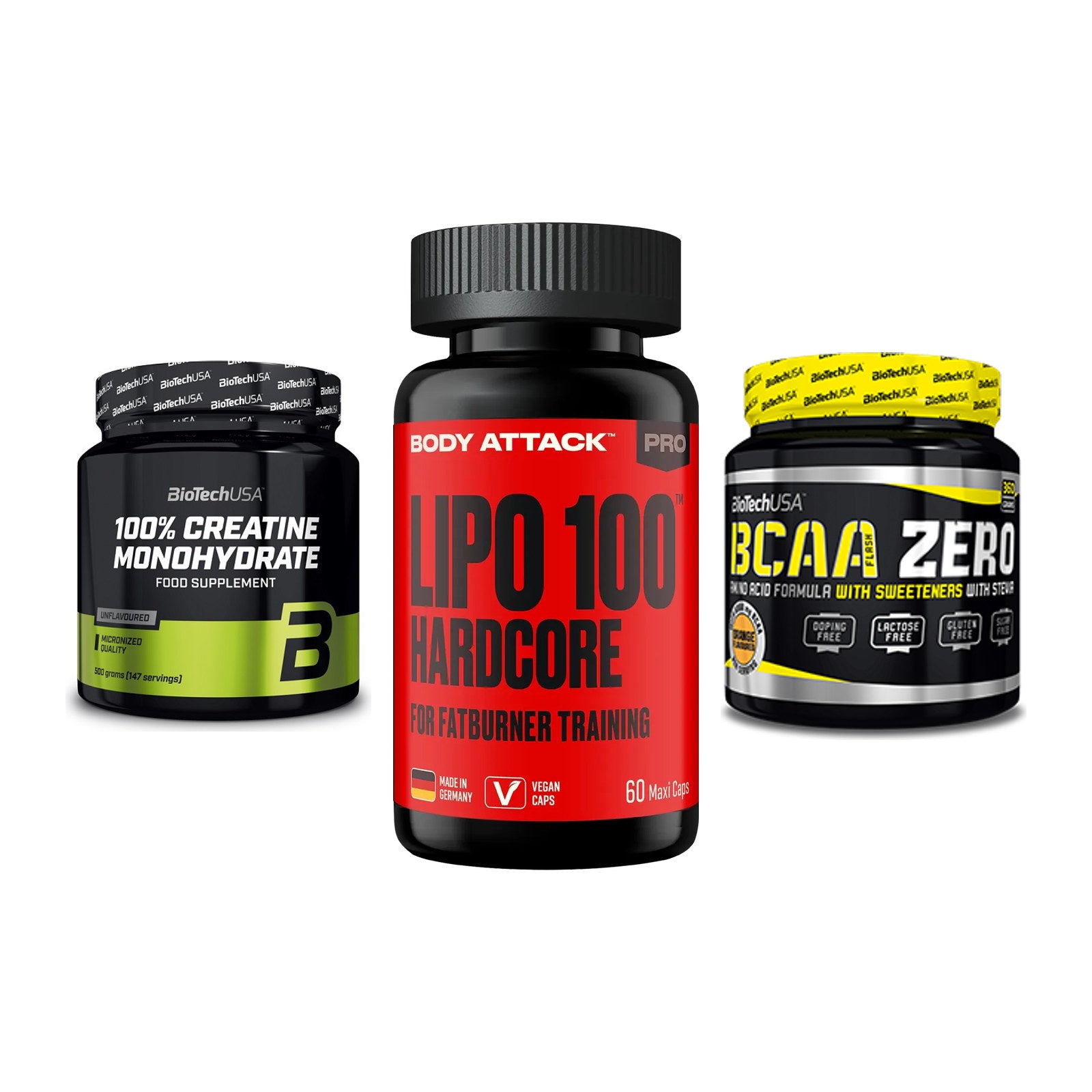 Kraft-Stack: BioTech Creatine + Body Attack LIPO + BioTech BCAA Zero – alle enthaltenen Artikel