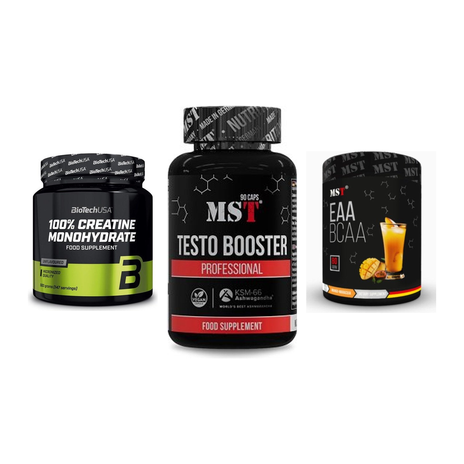 Kraft-Stack: BioTech Creatine + MST Testo Booster + MST EAA & BCAA – alle enthaltenen Artikel