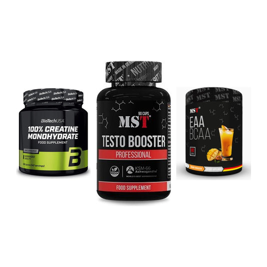 Kraft-Stack: BioTech Creatine + MST Testo Booster + MST EAA & BCAA – alle enthaltenen Artikel