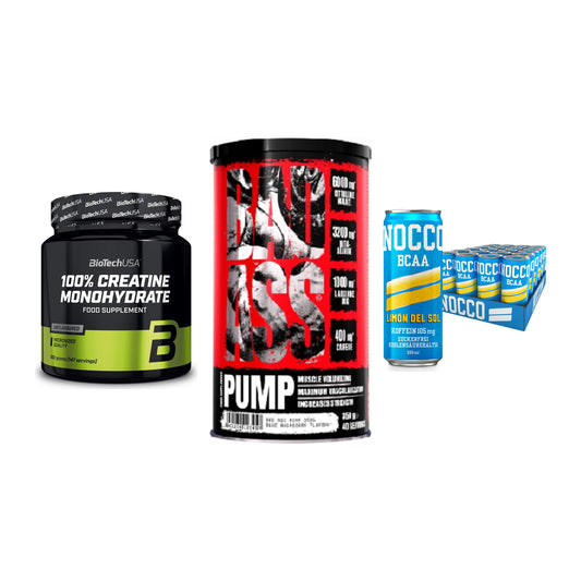 Kraft-Stack: BioTech Creatine + BAD ASS Pump + Nocco BCAA Drink – alle enthaltenen Artikel