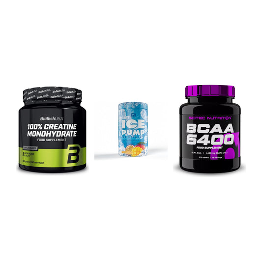 Kraft-Stack: BioTech Creatine + FA Nutrition ICE + Scitec BCAA 6400 – alle enthaltenen Artikel