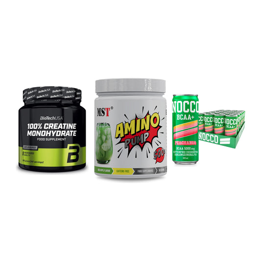 Kraft-Stack: BioTech Creatine + MST Amino Pump + Nocco BCAA Drink – alle enthaltenen Artikel