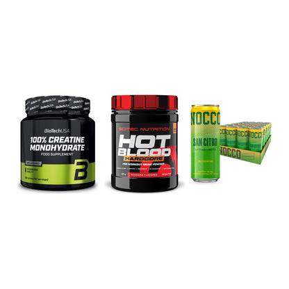 Kraft-Stack: BioTech Creatine + Scitec Hot Blood + Nocco BCAA Drink – alle enthaltenen Artikel