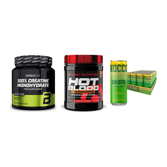 Kraft-Stack: BioTech Creatine + Scitec Hot Blood + Nocco BCAA Drink – alle enthaltenen Artikel