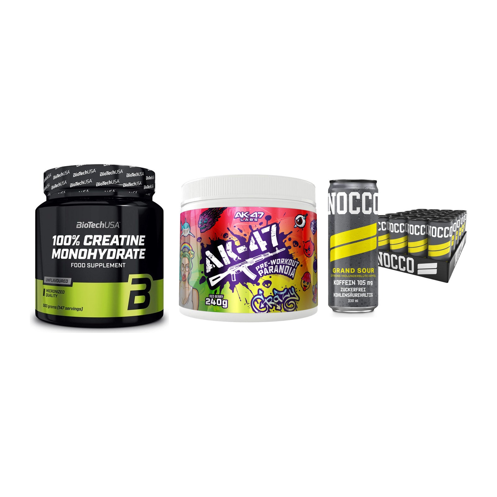 Kraft-Stack: BioTech Creatine + AK47 Labs + Nocco BCAA Drink – alle enthaltenen Artikel