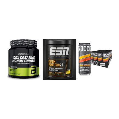 Kraft-Stack: BioTech Creatine + ESN Crank Pump + Nocco BCAA Drink – alle enthaltenen Artikel