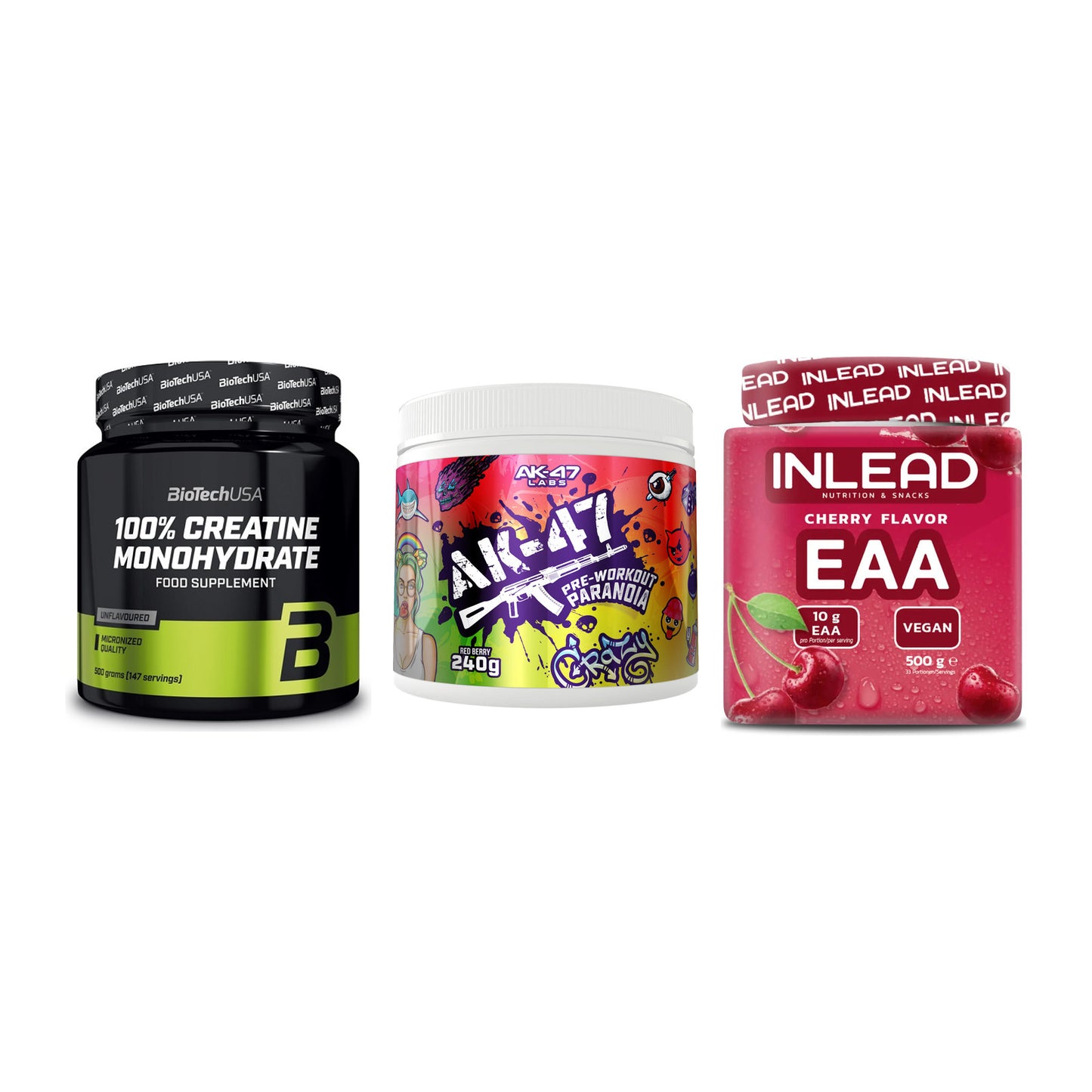 Kraft-Stack: BioTech Creatine + AK47 Labs + INLEAD EAA – alle enthaltenen Artikel