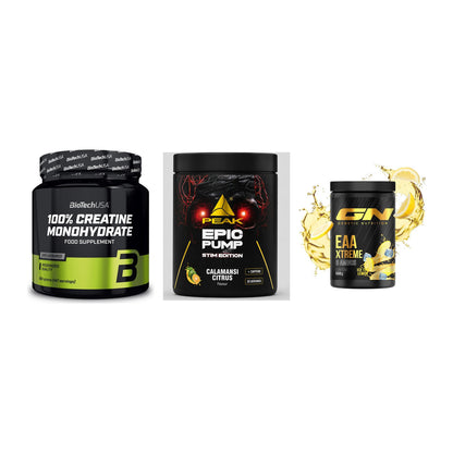 Kraft-Stack: BioTech Creatine + Peak Epic Pump + GN EAA Xtreme – alle enthaltenen Artikel