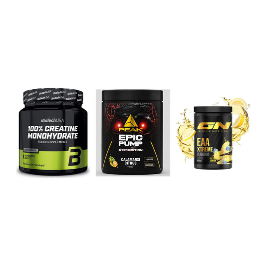 Kraft-Stack: BioTech Creatine + Peak Epic Pump + GN EAA Xtreme – alle enthaltenen Artikel