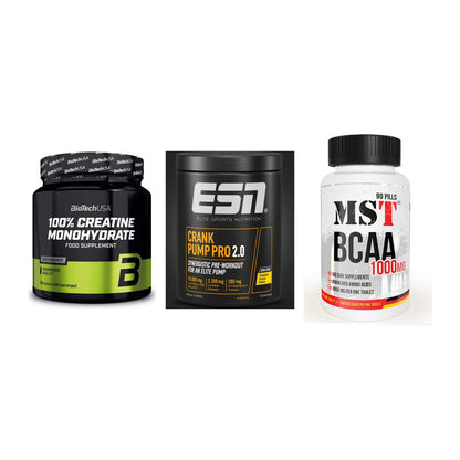 Kraft-Stack: BioTech Creatine + ESN Crank Pump + MST BCAA 1000 (90 – alle enthaltenen Artikel
