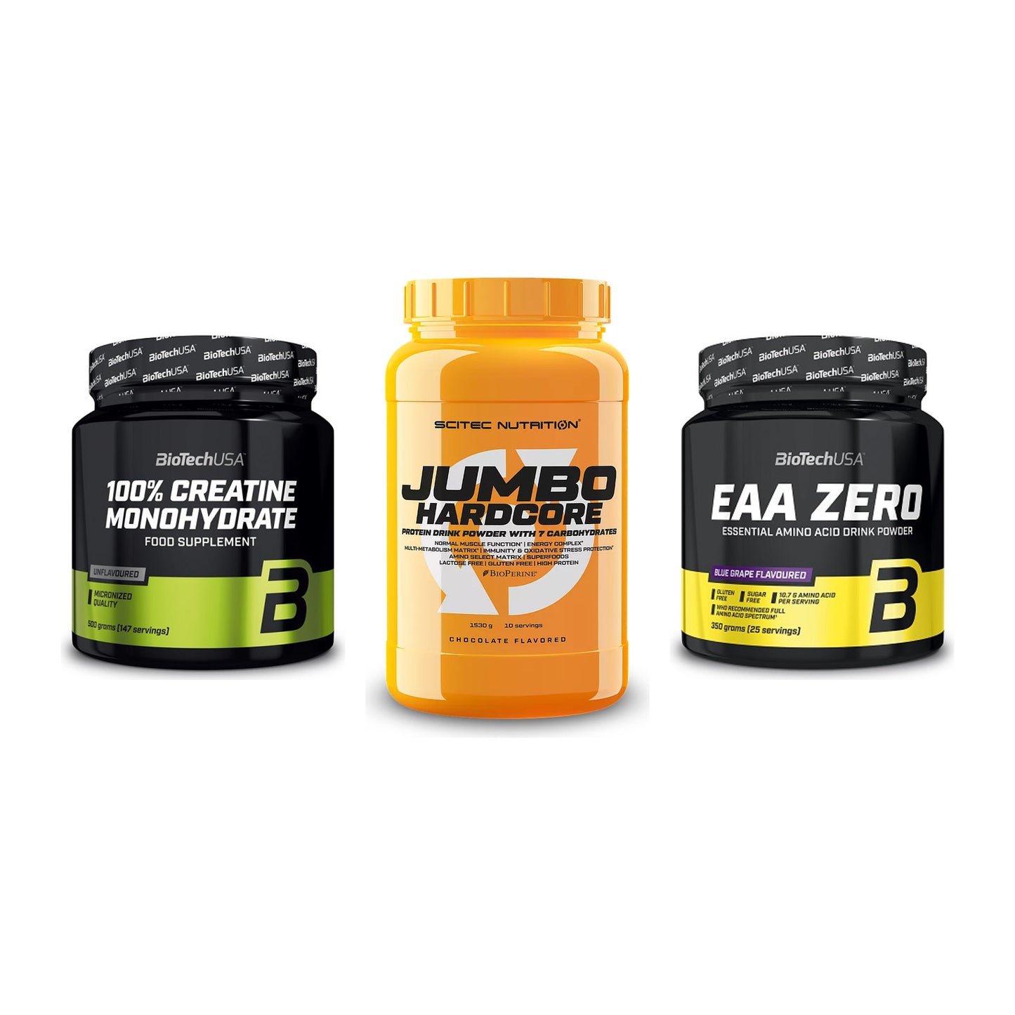 Kraft-Stack: BioTech Creatine + Scitec Jumbo + BioTech EAA Zero – alle enthaltenen Artikel