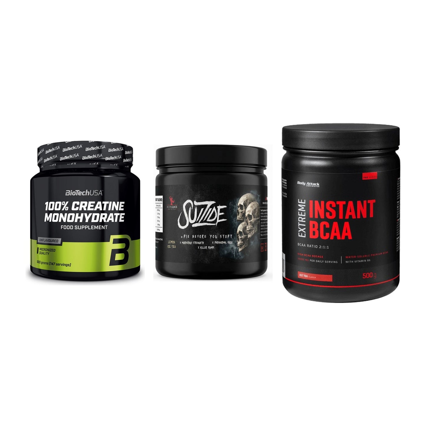 Kraft-Stack: BioTech Creatine + #GYMJUICE SUIZIDE + Body Attack – alle enthaltenen Artikel