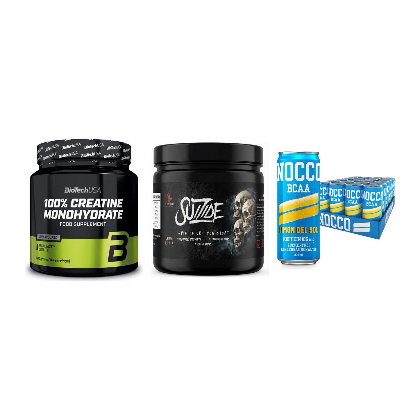Kraft-Stack: BioTech Creatine + #GYMJUICE SUIZIDE + Nocco BCAA Drink – alle enthaltenen Artikel