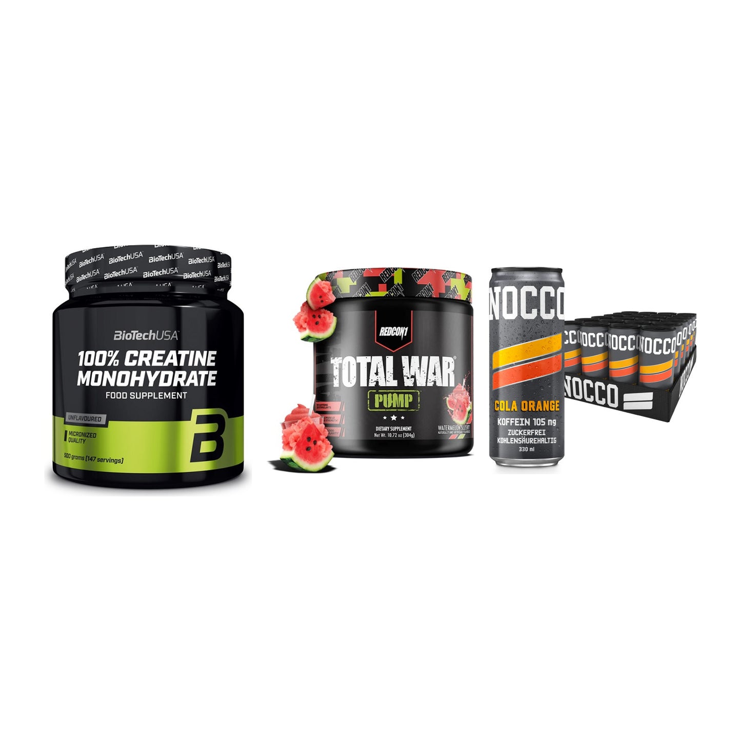 Kraft-Stack: BioTech Creatine + Redcon1 Total War + Nocco BCAA Drink – alle enthaltenen Artikel