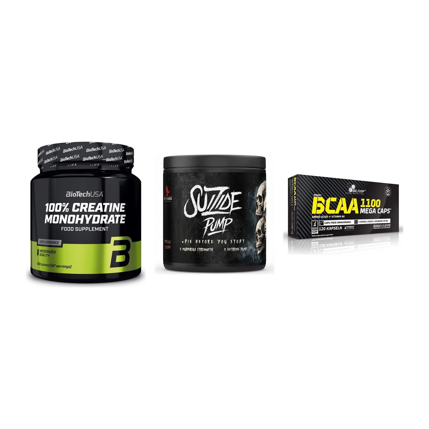 Kraft-Stack: BioTech Creatine + #GYMJUICE SUIZIDE + Olimp BCAA Mega – alle enthaltenen Artikel