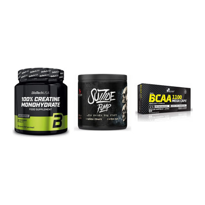 Kraft-Stack: BioTech Creatine + #GYMJUICE SUIZIDE + Olimp BCAA Mega – alle enthaltenen Artikel