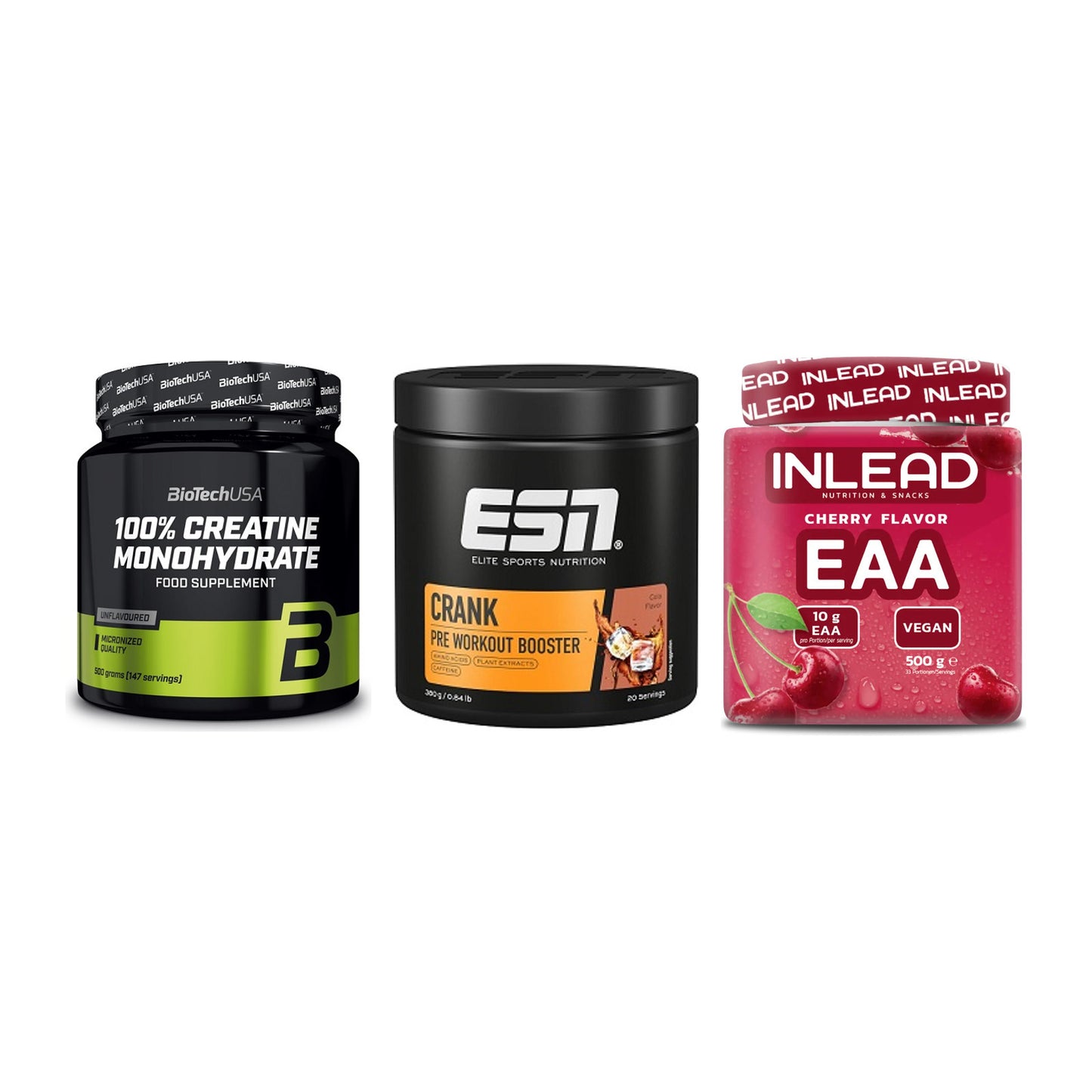 Kraft-Stack: BioTech Creatine + ESN Crank Booster + INLEAD EAA – alle enthaltenen Artikel