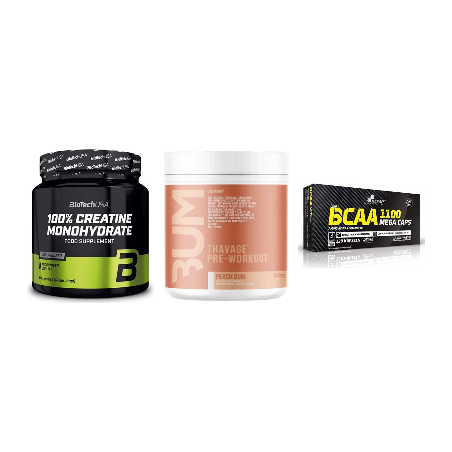 Kraft-Stack: BioTech Creatine + RAW Nutrition + Olimp BCAA Mega – alle enthaltenen Artikel