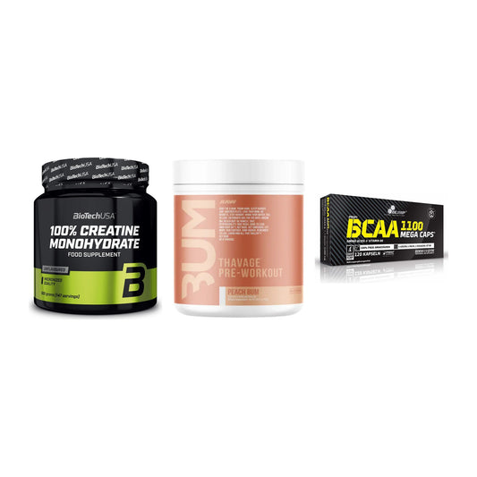 Kraft-Stack: BioTech Creatine + RAW Nutrition + Olimp BCAA Mega – alle enthaltenen Artikel