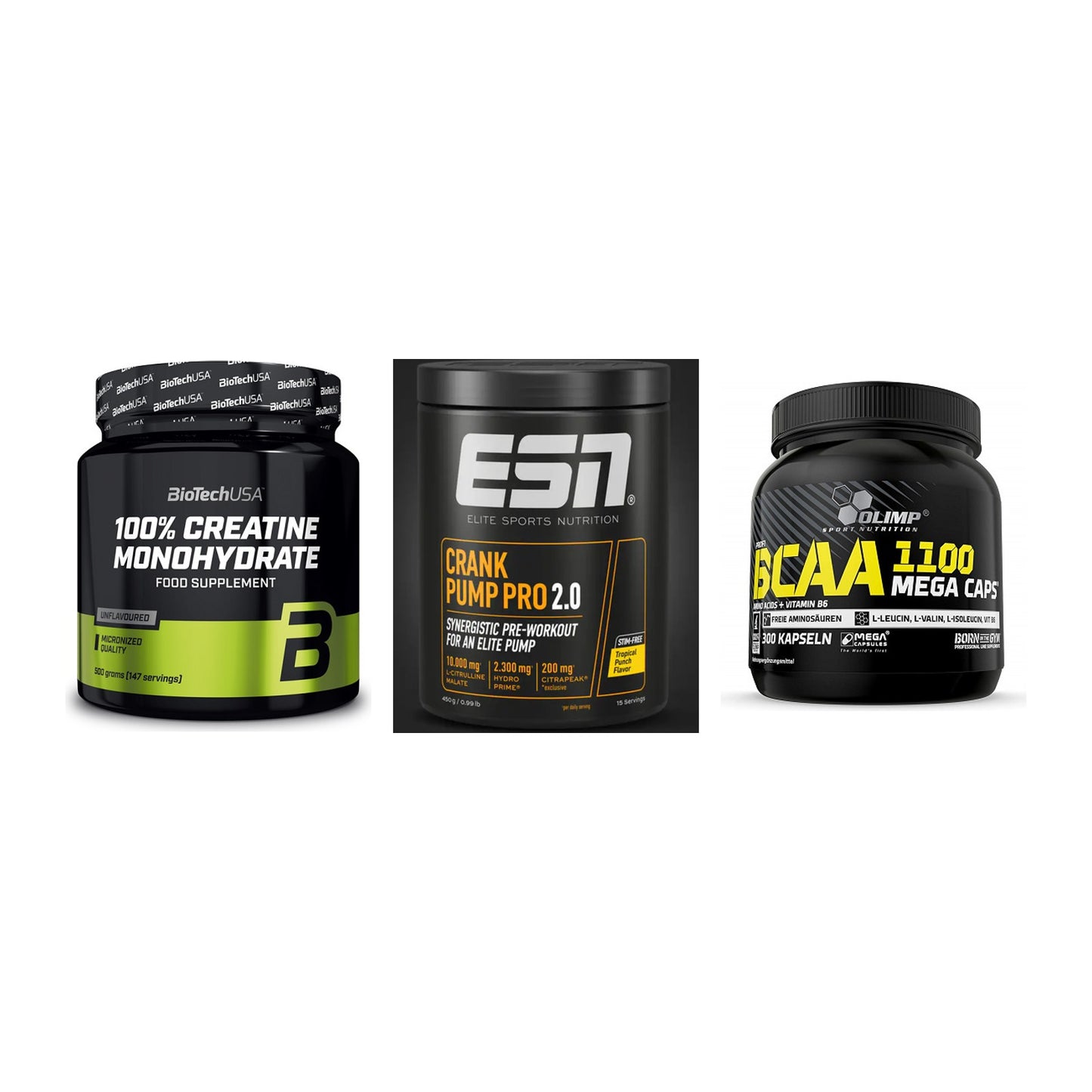 Kraft-Stack: BioTech Creatine + ESN Crank Pump + Olimp BCAA Mega – alle enthaltenen Artikel