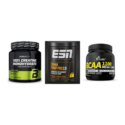 Kraft-Stack: BioTech Creatine + ESN Crank Pump + Olimp BCAA Mega – alle enthaltenen Artikel