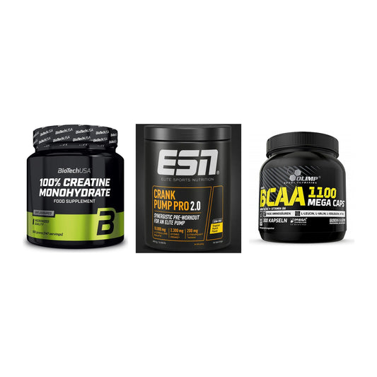 Kraft-Stack: BioTech Creatine + ESN Crank Pump + Olimp BCAA Mega – alle enthaltenen Artikel