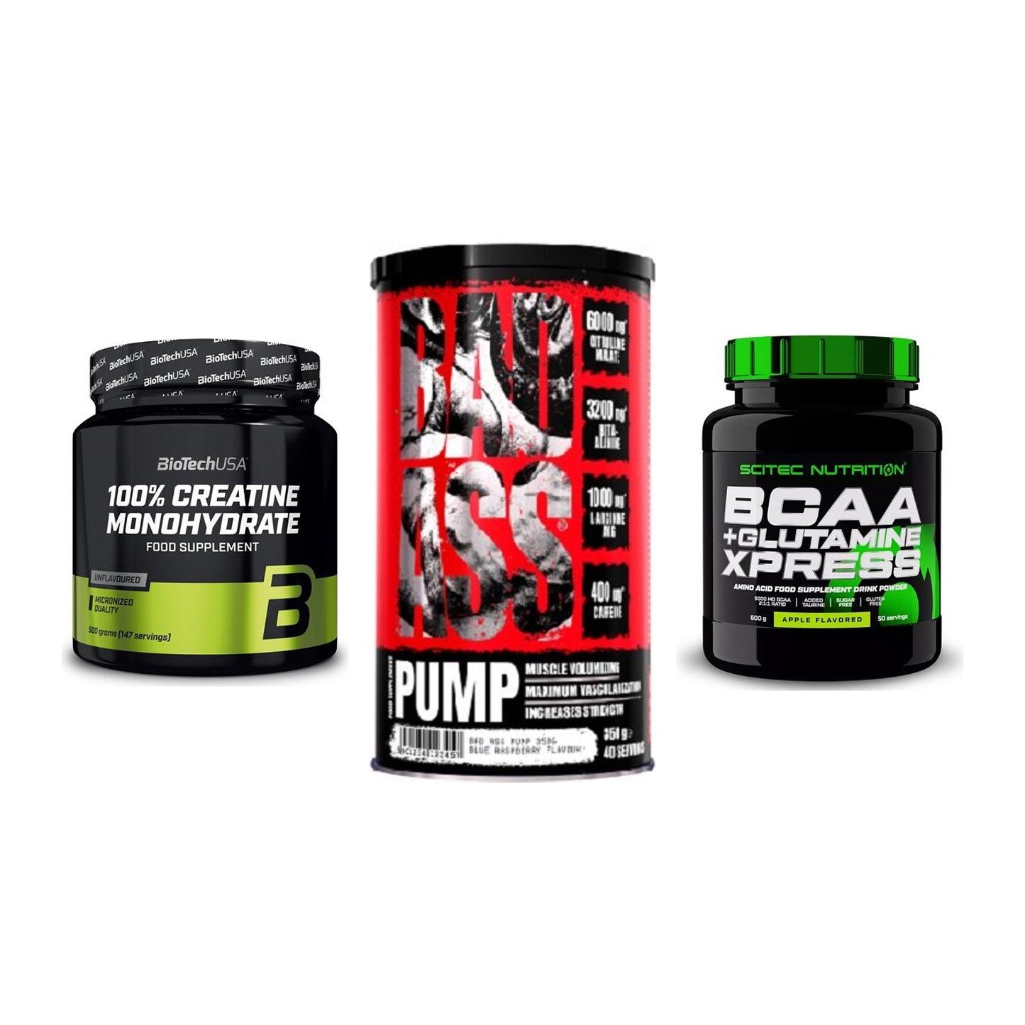 Kraft-Stack: BioTech Creatine + BAD ASS Pump + Scitec BCAA – alle enthaltenen Artikel