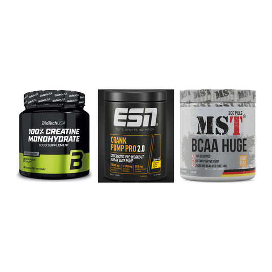 Kraft-Stack: BioTech Creatine + ESN Crank Pump + MST BCAA Huge 200 – alle enthaltenen Artikel