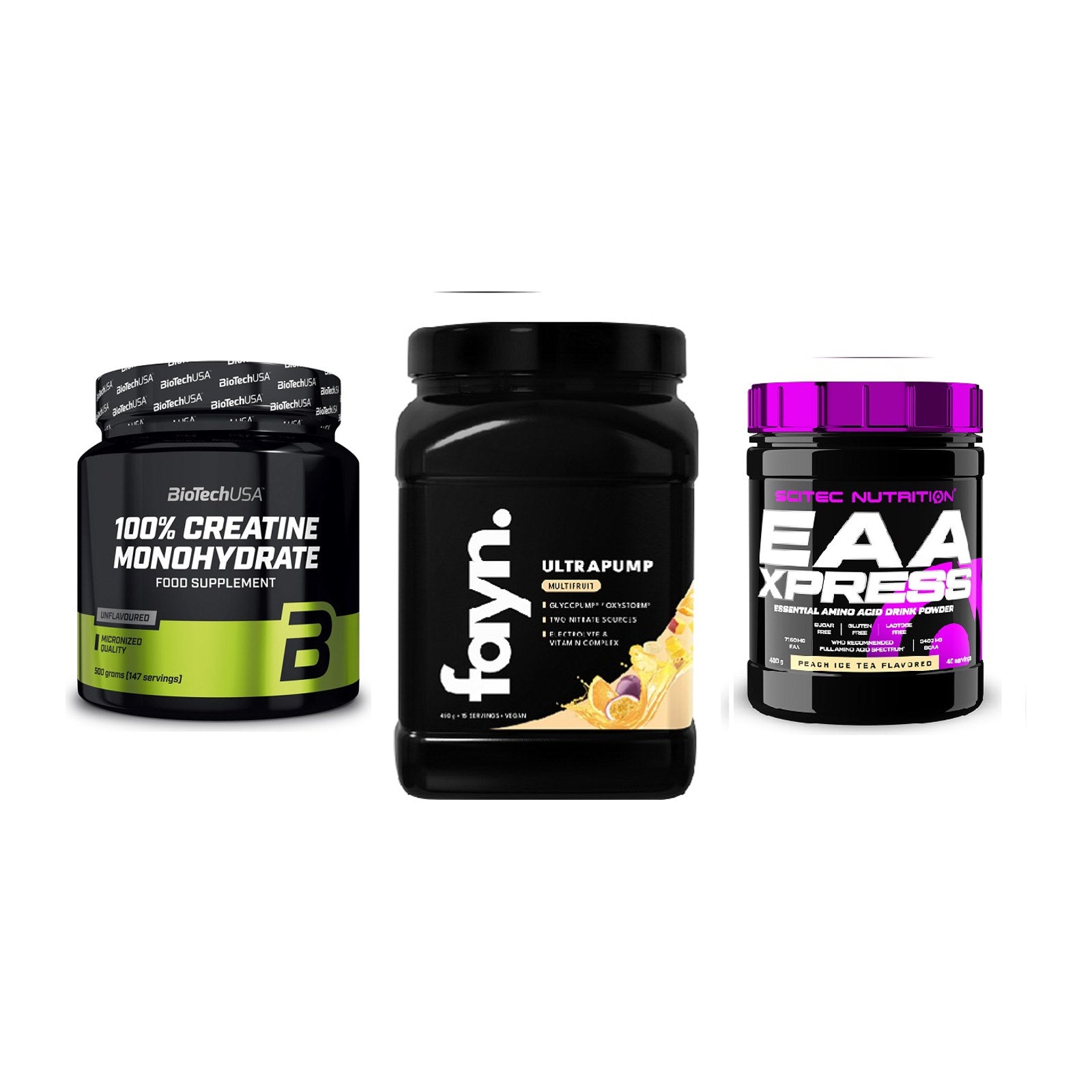 Kraft-Stack: BioTech Creatine + Fayn. Ultrapump + Scitec EAA Xpress – alle enthaltenen Artikel