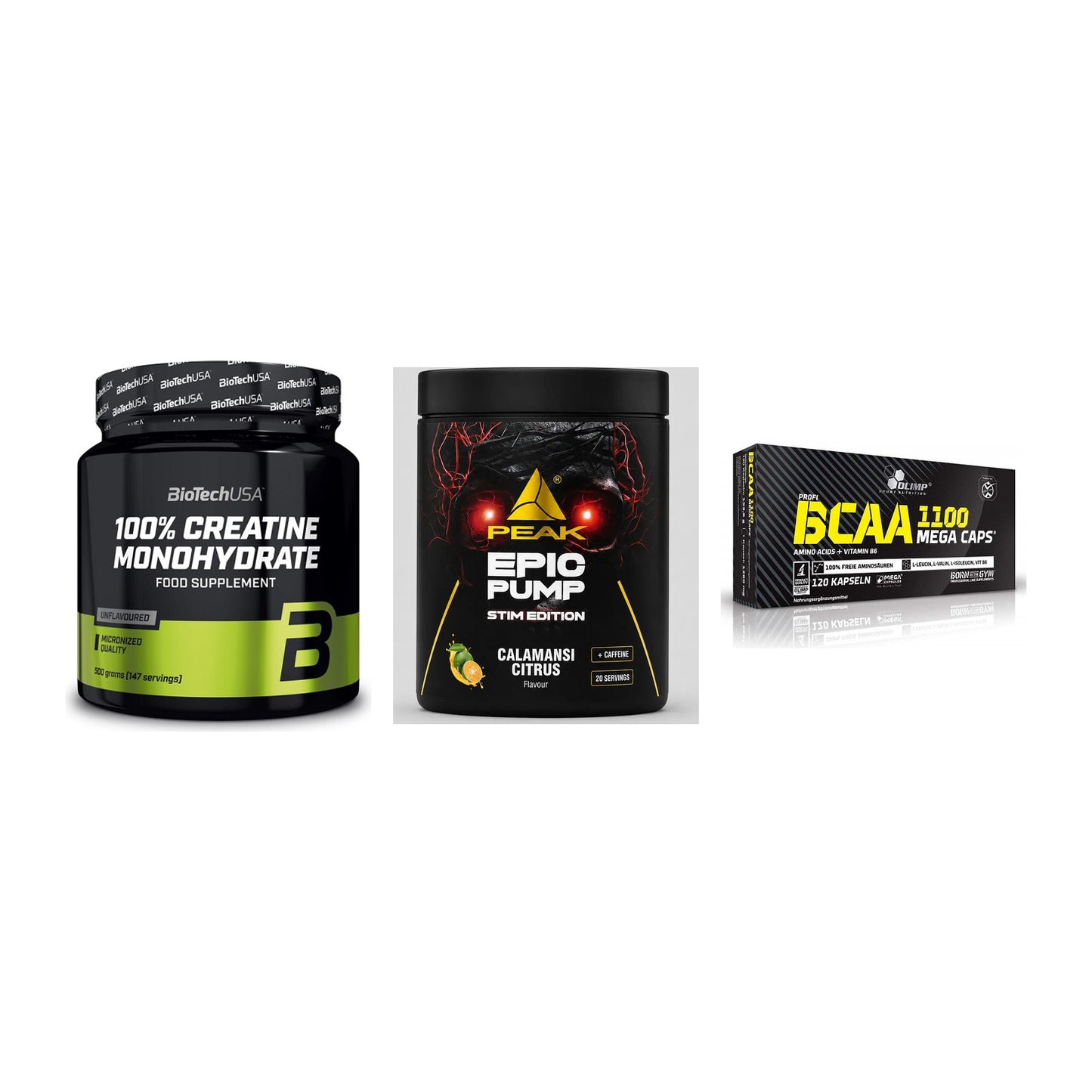 Kraft-Stack: BioTech Creatine + Peak Epic Pump + Olimp BCAA Mega – alle enthaltenen Artikel