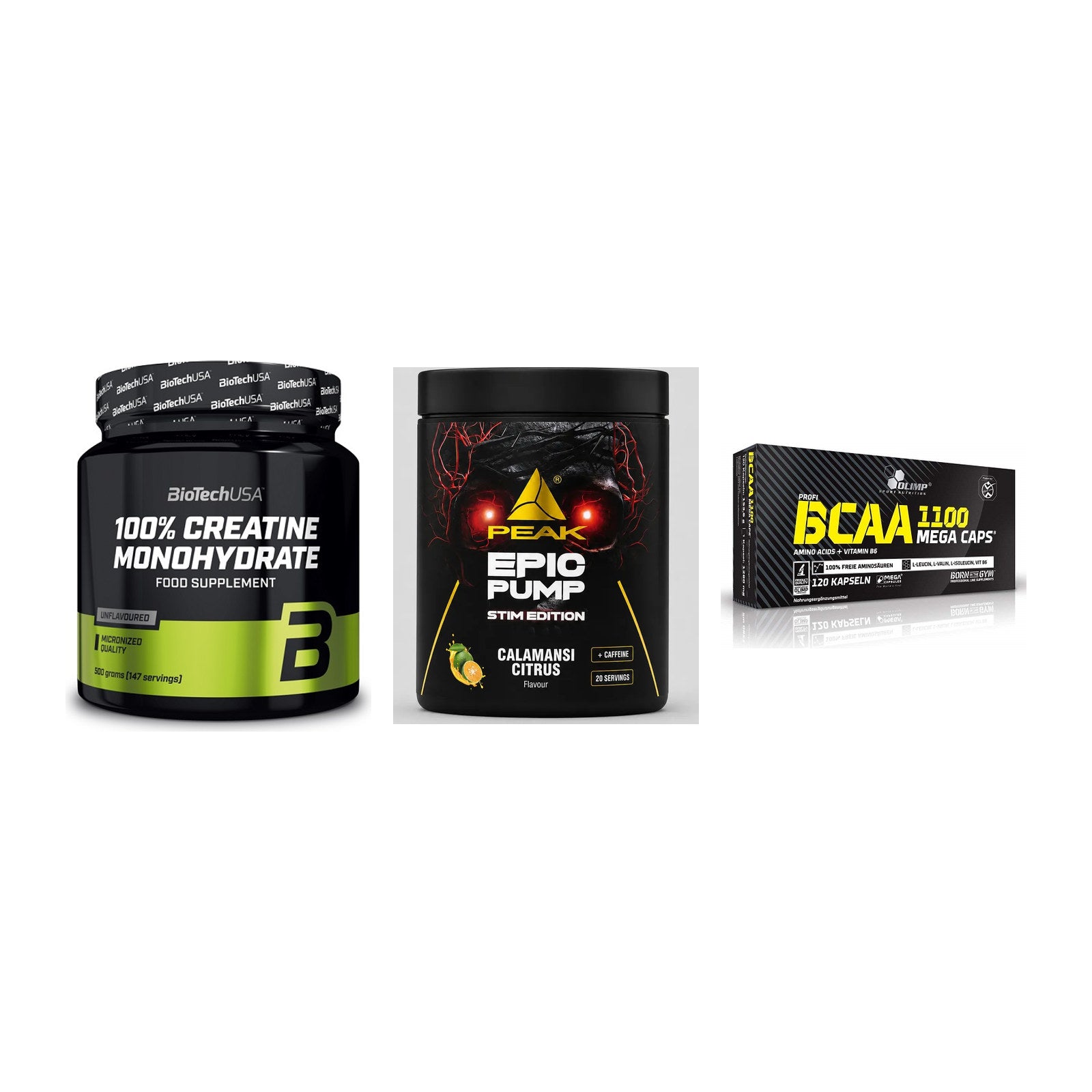 Kraft-Stack: BioTech Creatine + Peak Epic Pump + Olimp BCAA Mega – alle enthaltenen Artikel
