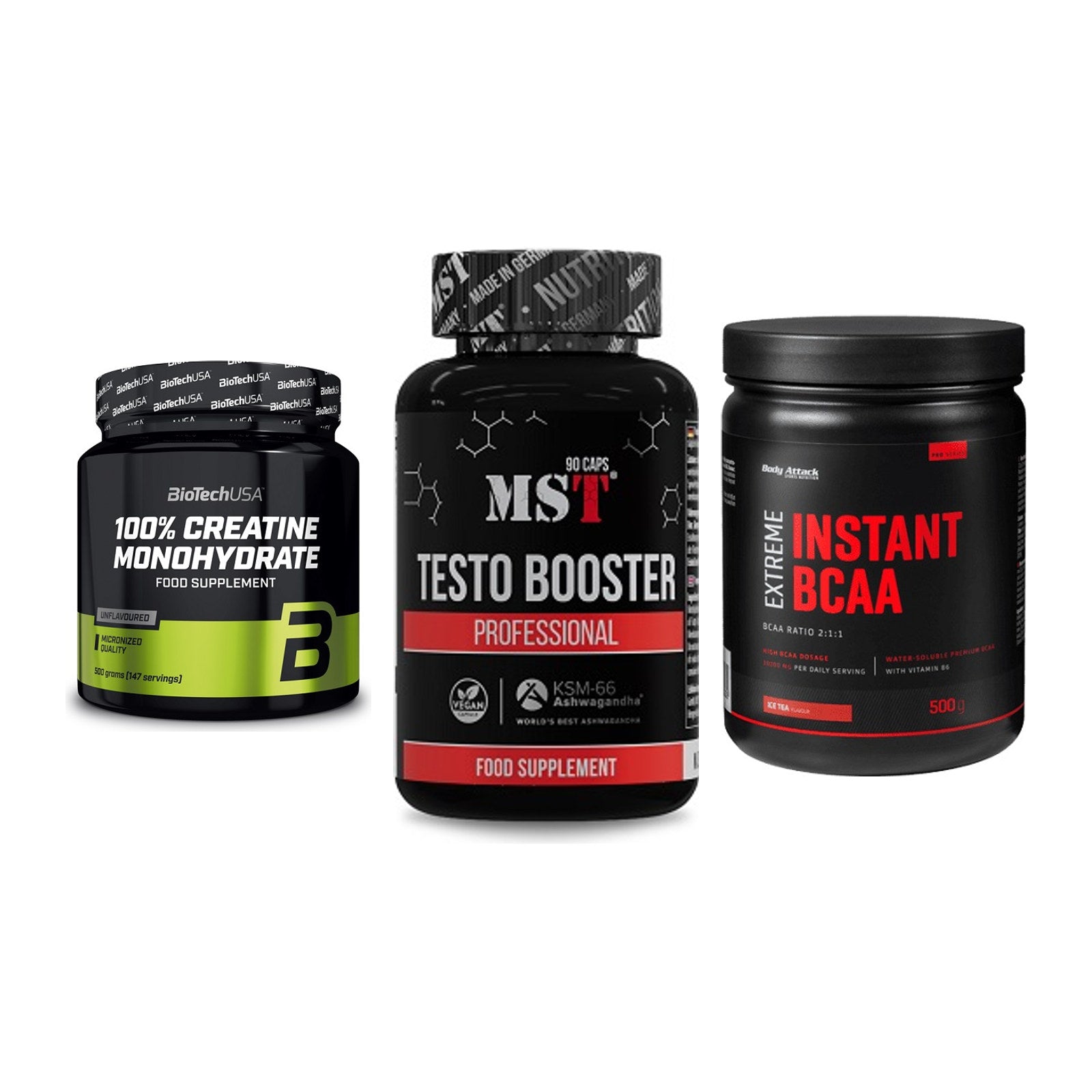 Kraft-Stack: BioTech Creatine + MST Testo Booster + Body Attack – alle enthaltenen Artikel