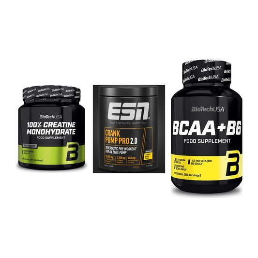 Kraft-Stack: BioTech Creatine + ESN Crank Pump + BioTech BCAA+B6 – alle enthaltenen Artikel