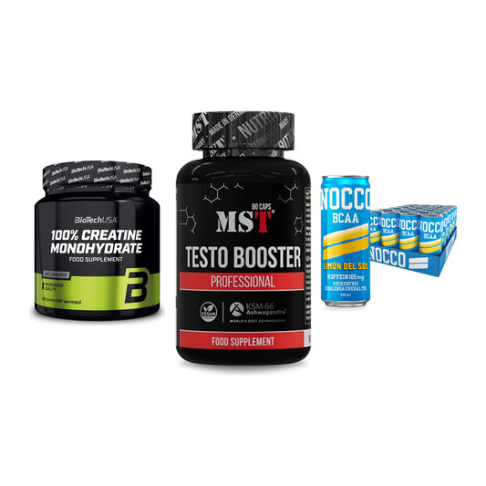 Kraft-Stack: BioTech Creatine + MST Testo Booster + Nocco BCAA Drink – alle enthaltenen Artikel