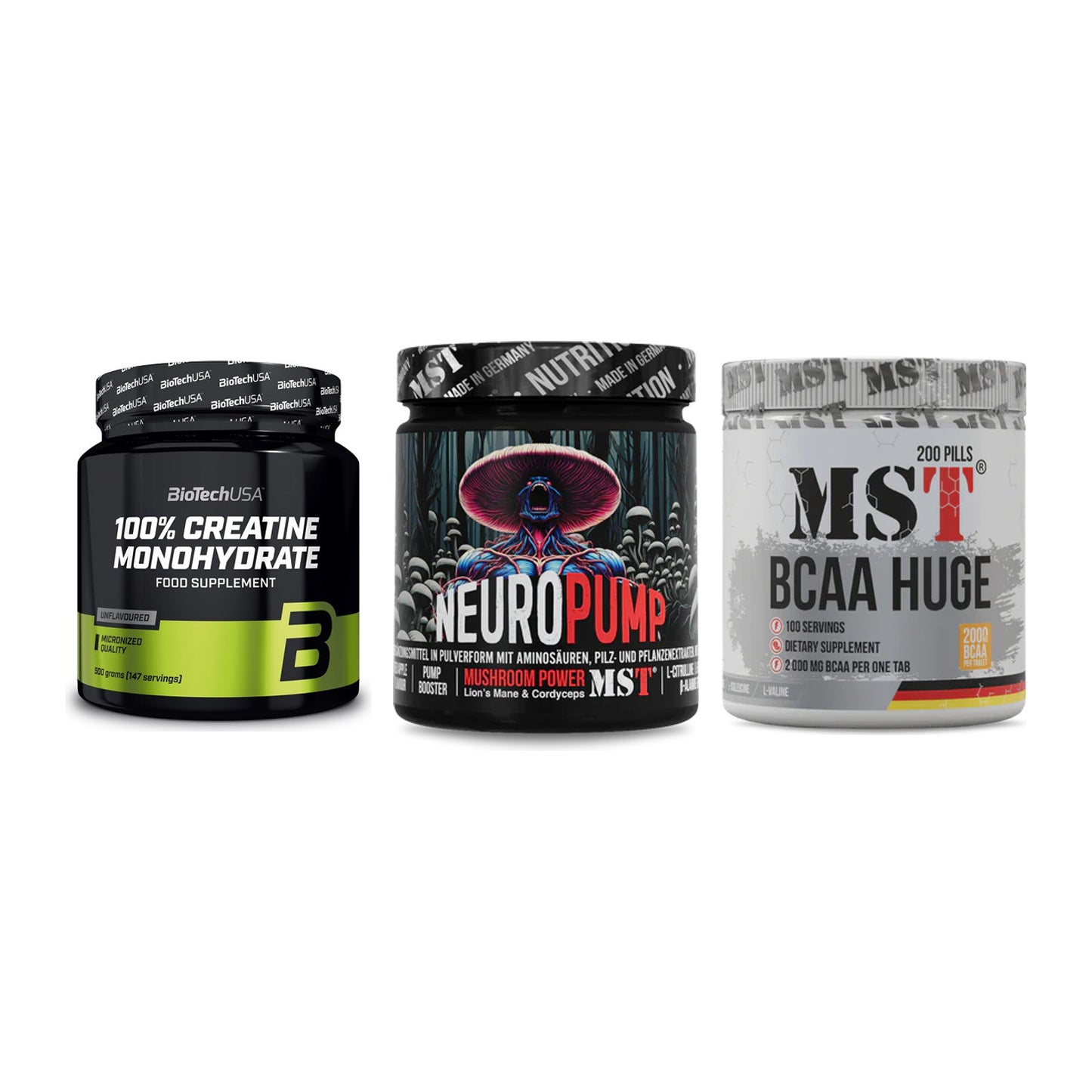Kraft-Stack: BioTech Creatine + MST NeuroPump + MST BCAA Huge 200 – alle enthaltenen Artikel