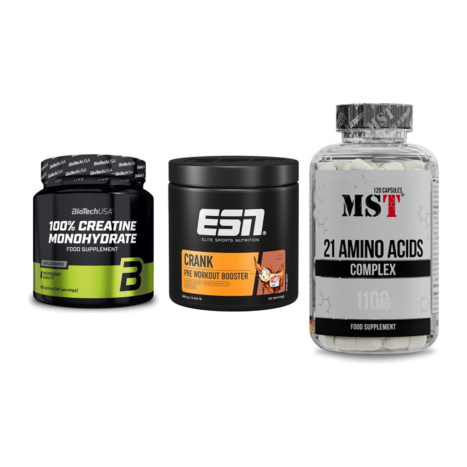 Kraft-Stack: BioTech Creatine + ESN Crank Booster + MST 21 Amino – alle enthaltenen Artikel
