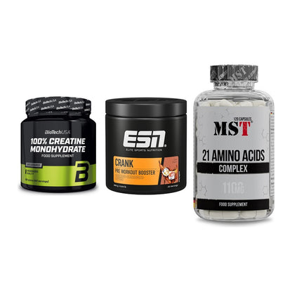 Kraft-Stack: BioTech Creatine + ESN Crank Booster + MST 21 Amino – alle enthaltenen Artikel