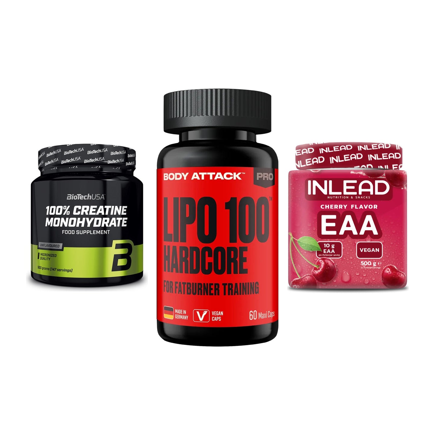 Kraft-Stack: BioTech Creatine + Body Attack LIPO + INLEAD EAA – alle enthaltenen Artikel