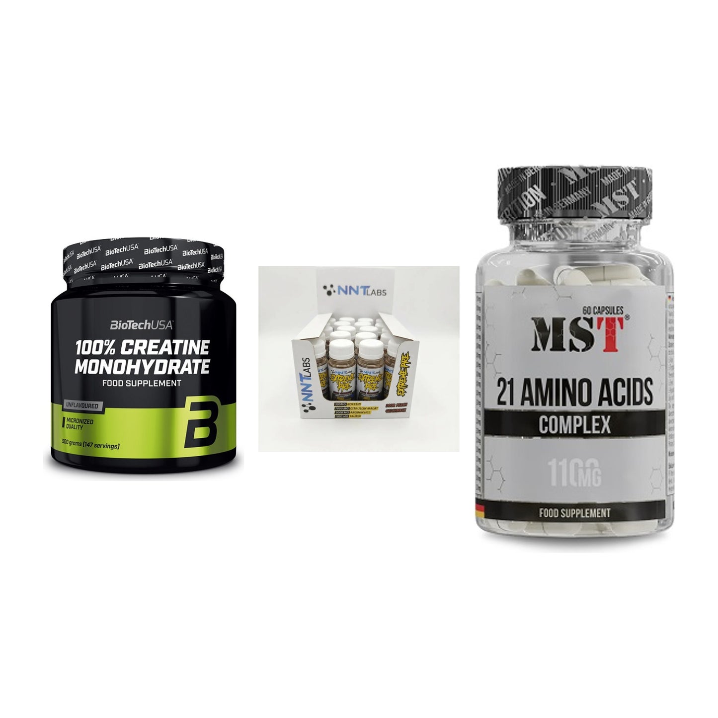 Kraft-Stack: BioTech Creatine + NNT Extreme + MST 21 Amino – alle enthaltenen Artikel