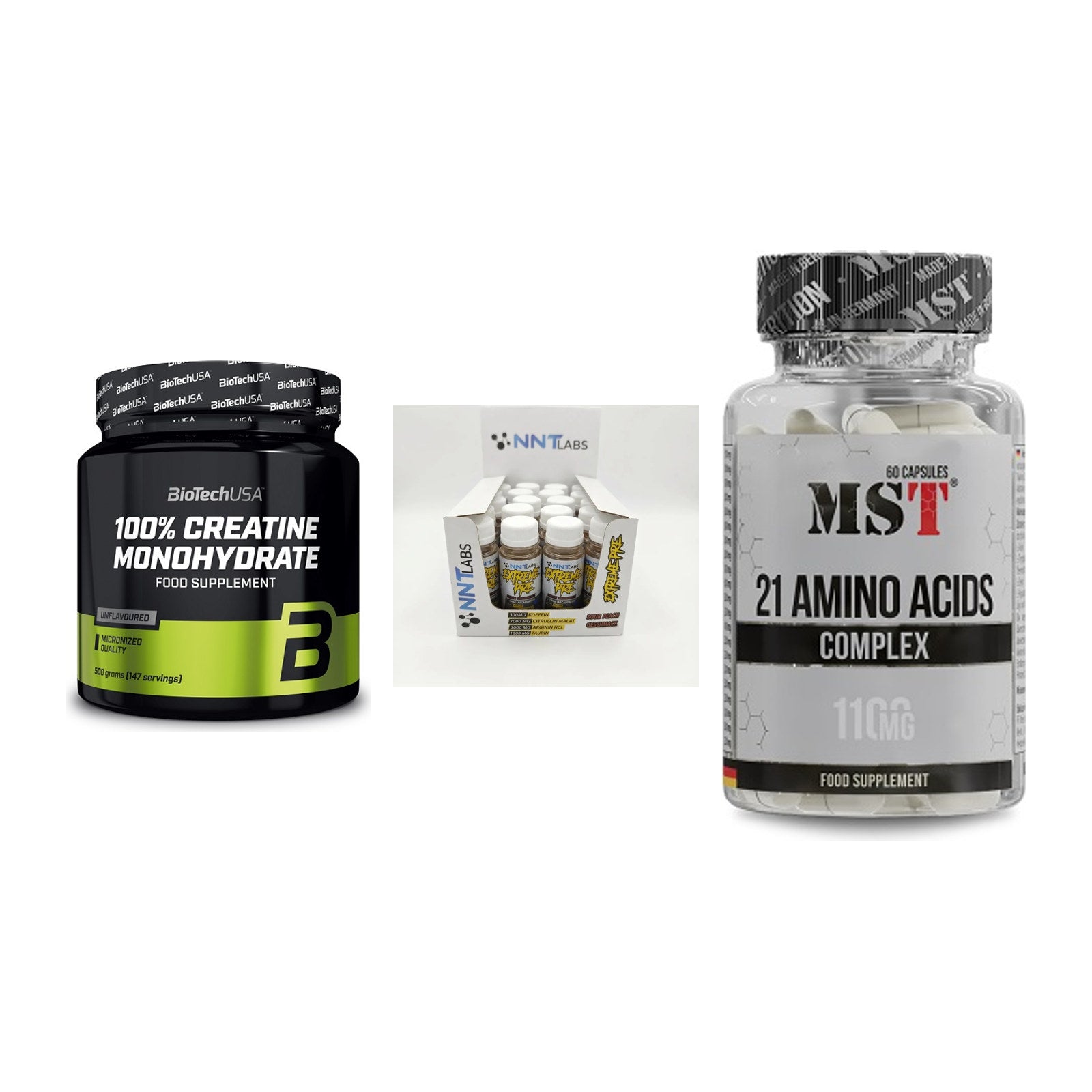 Kraft-Stack: BioTech Creatine + NNT Extreme + MST 21 Amino – alle enthaltenen Artikel