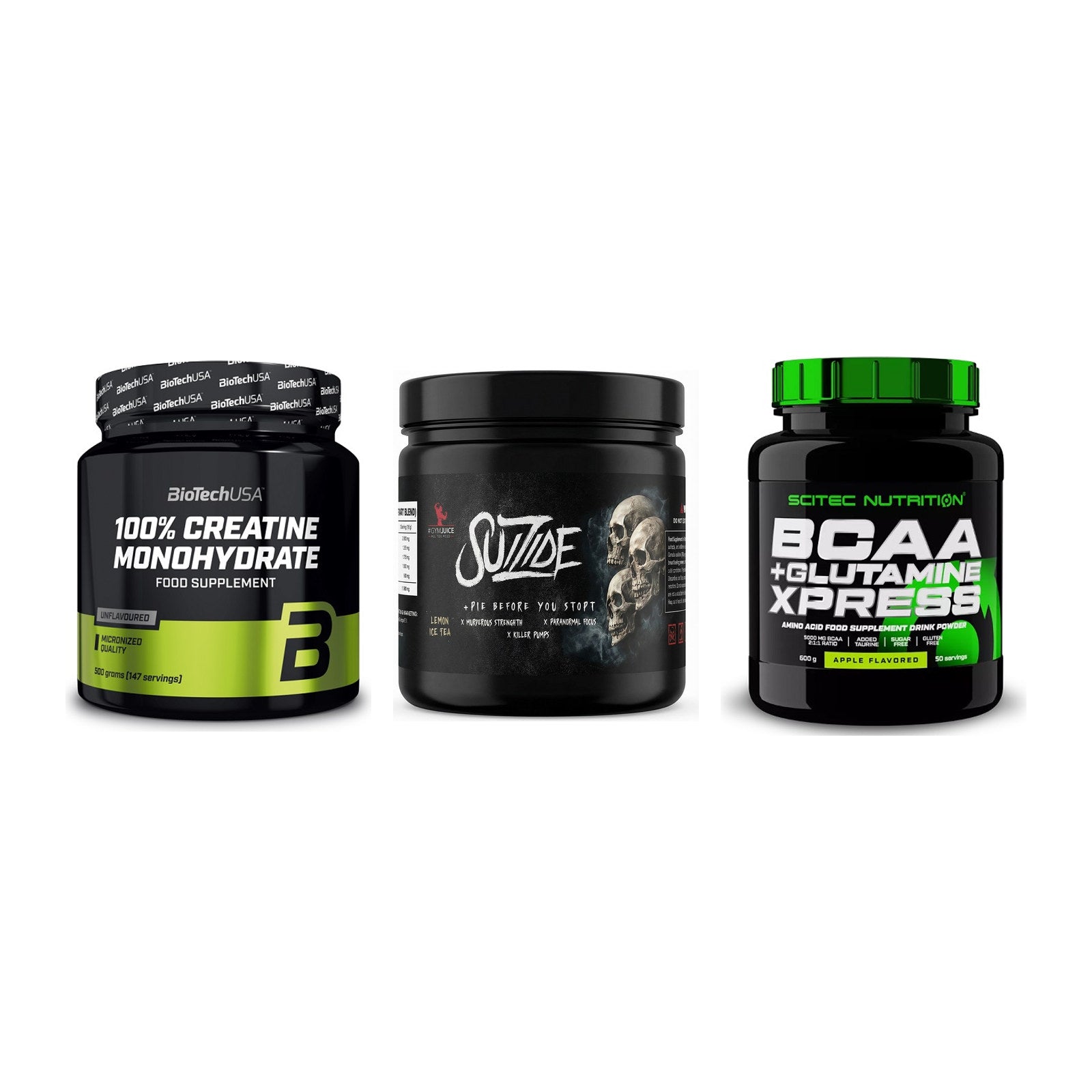Kraft-Stack: BioTech Creatine + #GYMJUICE SUIZIDE + Scitec BCAA – alle enthaltenen Artikel