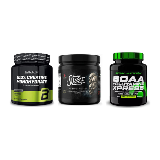 Kraft-Stack: BioTech Creatine + #GYMJUICE SUIZIDE + Scitec BCAA – alle enthaltenen Artikel