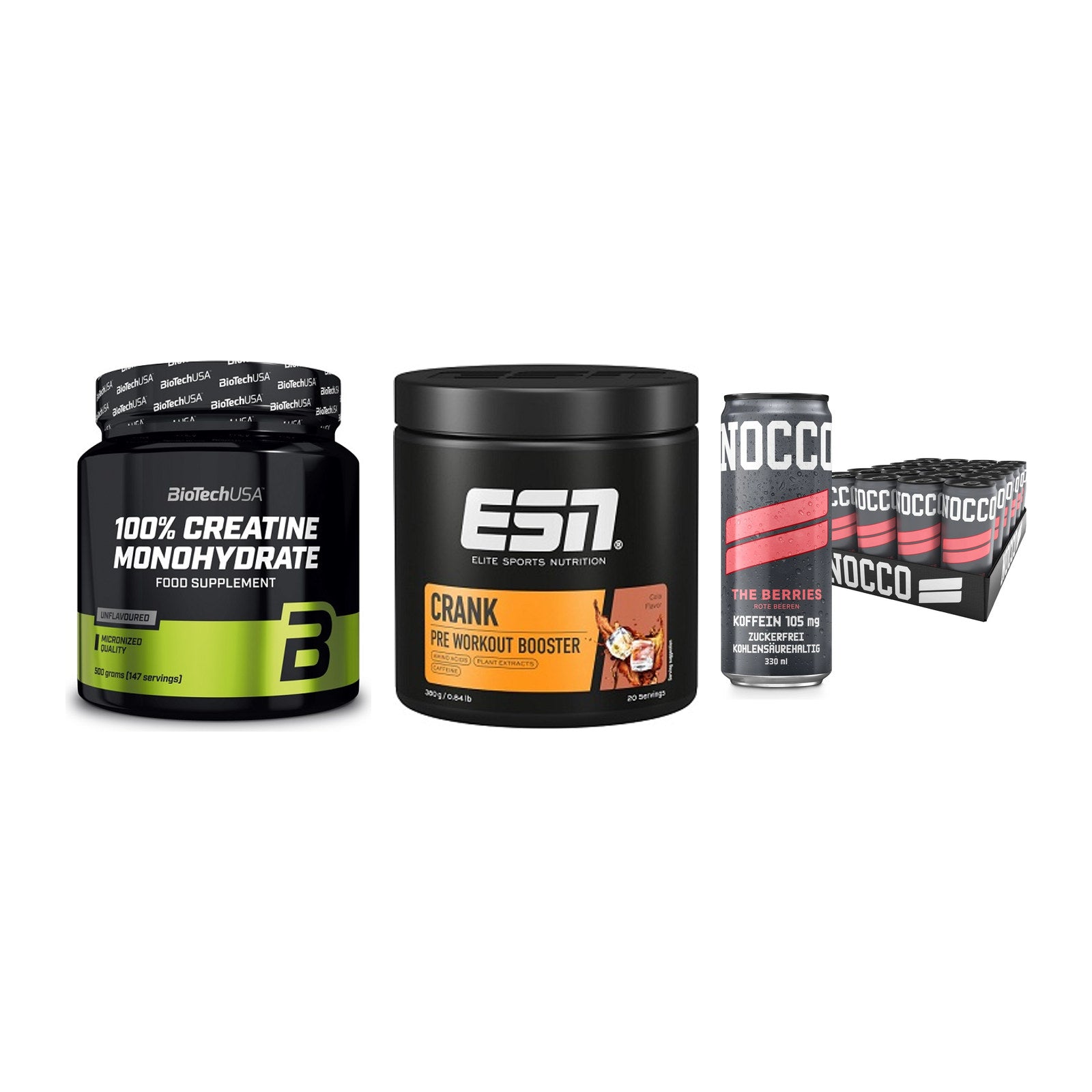 Kraft-Stack: BioTech Creatine + ESN Crank Booster + Nocco BCAA Drink – alle enthaltenen Artikel