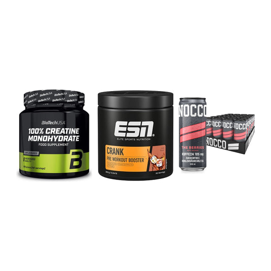 Kraft-Stack: BioTech Creatine + ESN Crank Booster + Nocco BCAA Drink – alle enthaltenen Artikel