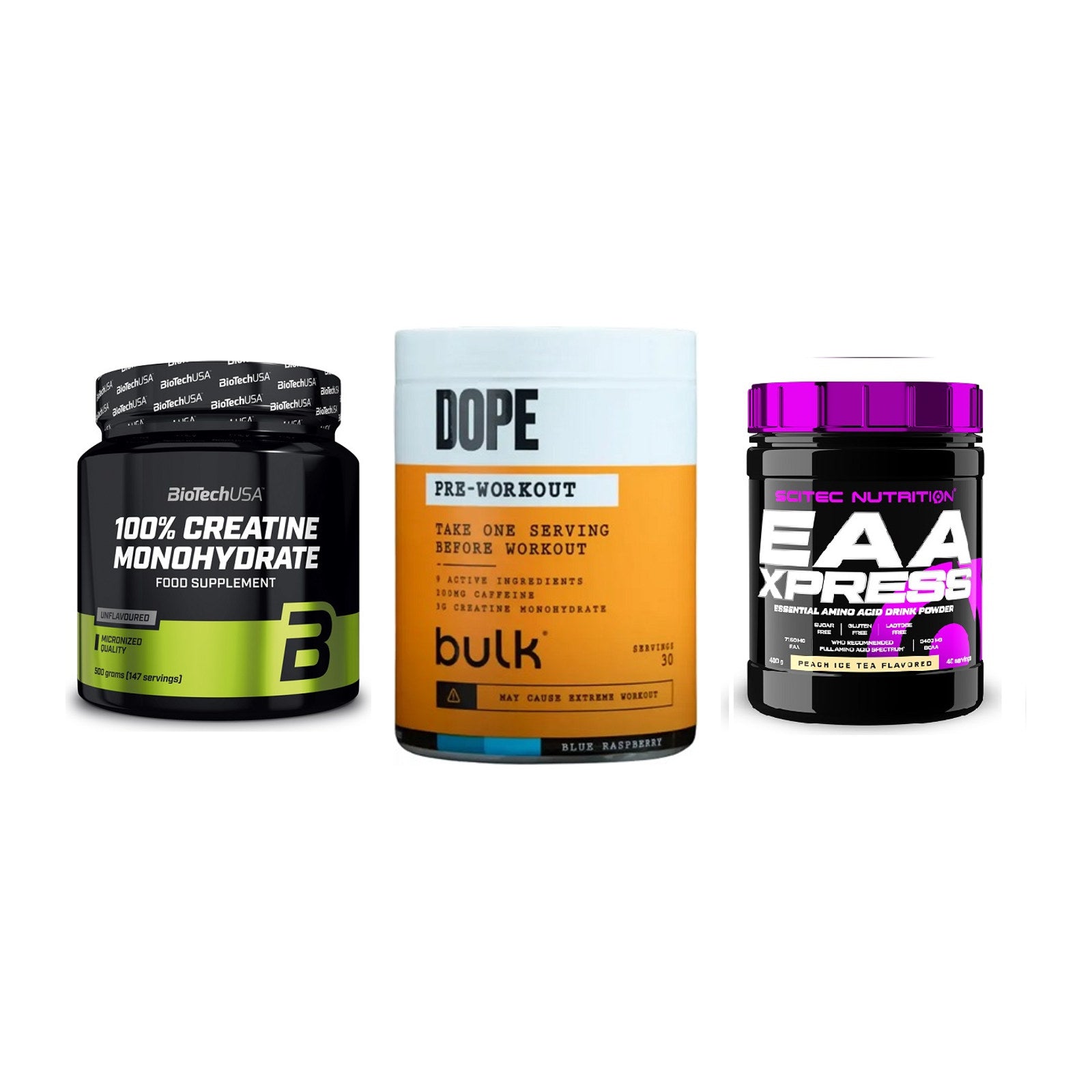 Kraft-Stack: BioTech Creatine + Bulk Dope + Scitec EAA Xpress – alle enthaltenen Artikel