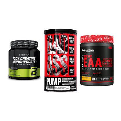 Kraft-Stack: BioTech Creatine + BAD ASS Pump + Body Attack – alle enthaltenen Artikel