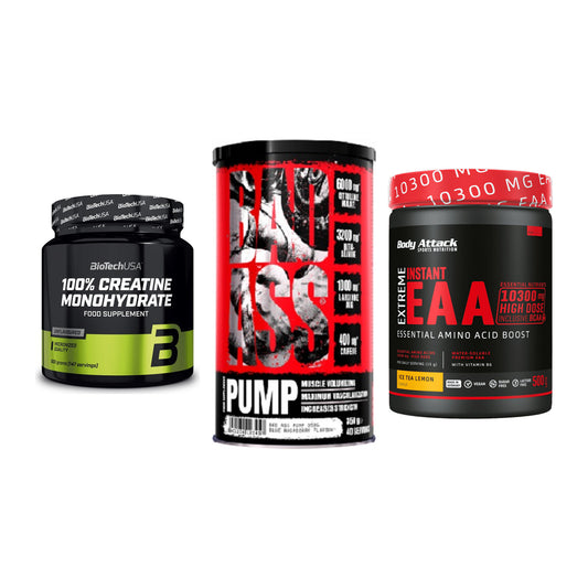 Kraft-Stack: BioTech Creatine + BAD ASS Pump + Body Attack – alle enthaltenen Artikel