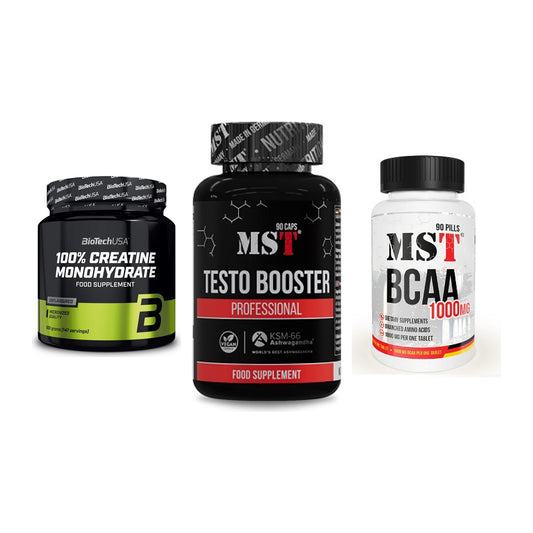 Kraft-Stack: BioTech Creatine + MST Testo Booster + MST BCAA 1000 (90 – alle enthaltenen Artikel